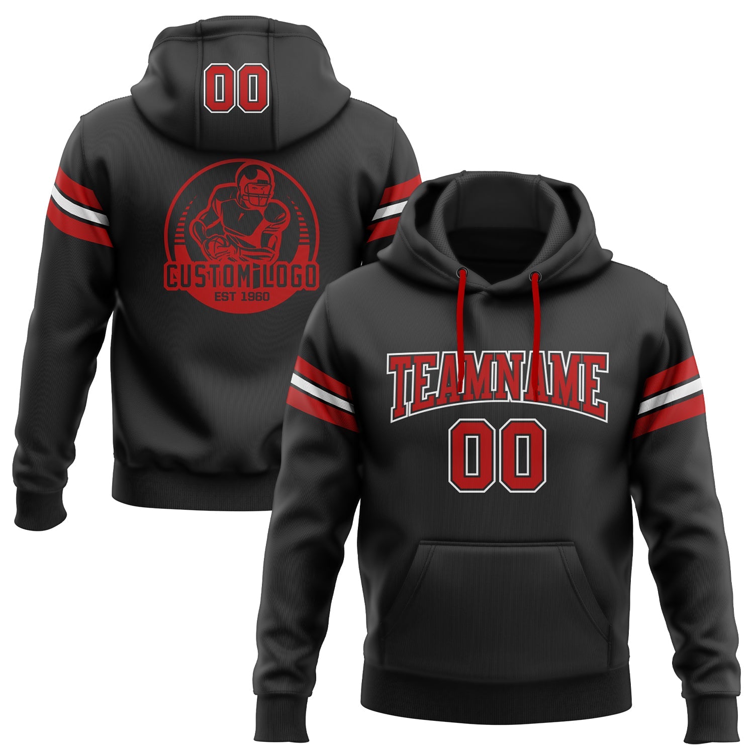 Custom Stitched Black Red-White Football Pullover Sweatshirt Hoodie