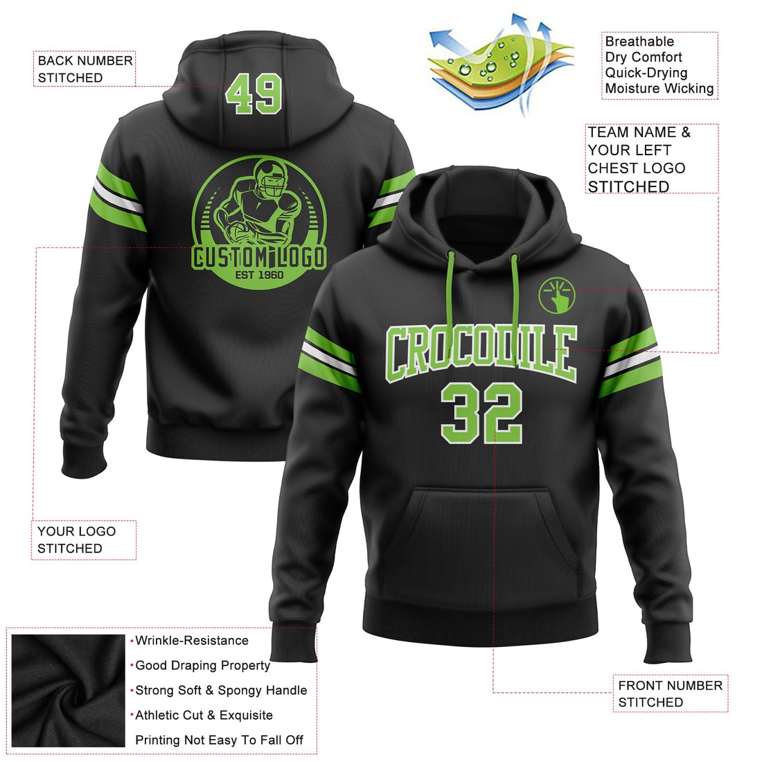 Custom Stitched Black Neon Green-White Football Pullover Sweatshirt Hoodie