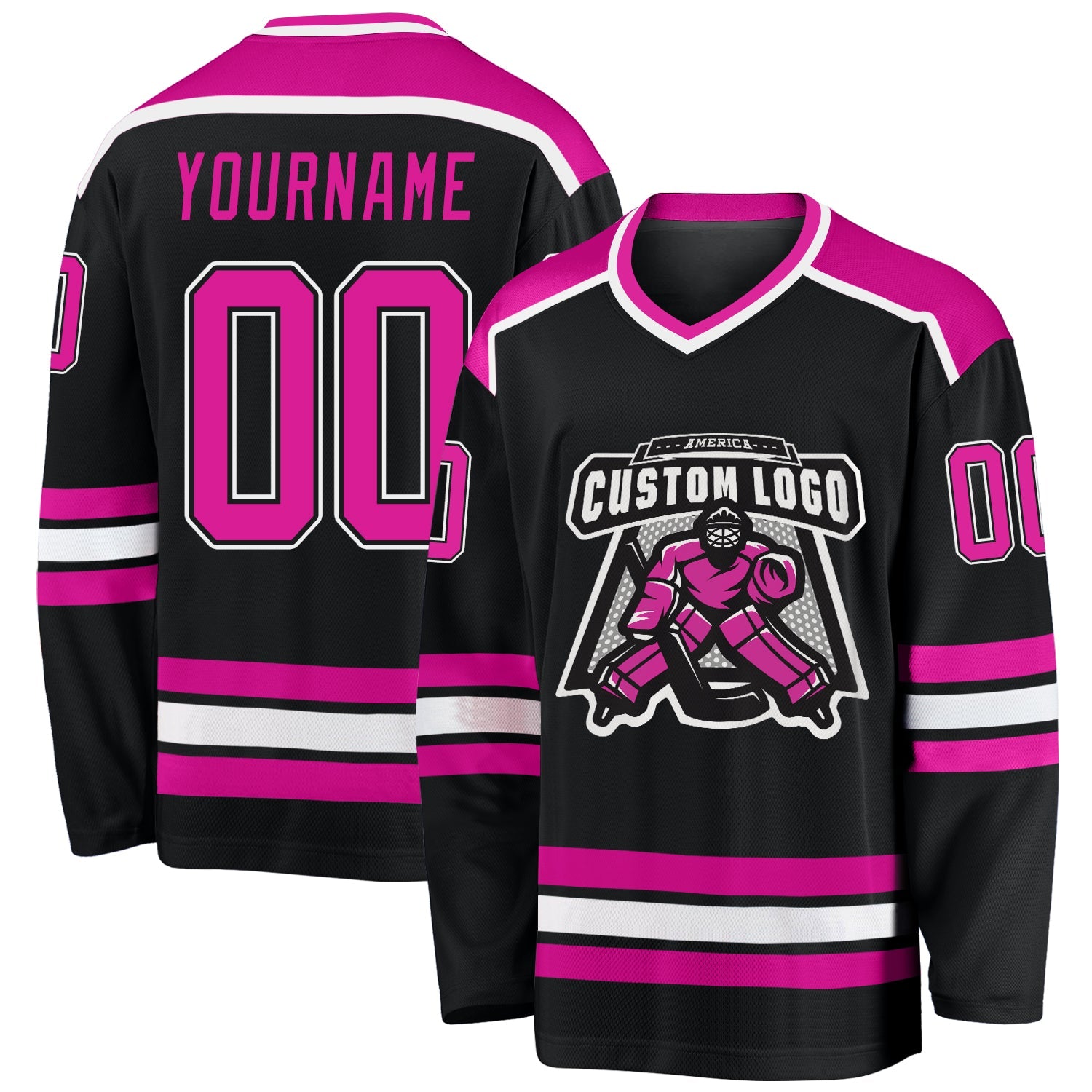 Custom Black Deep Pink-White Hockey Jersey