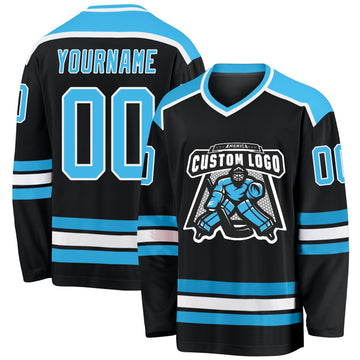 Custom Black Sky Blue-White Hockey Jersey