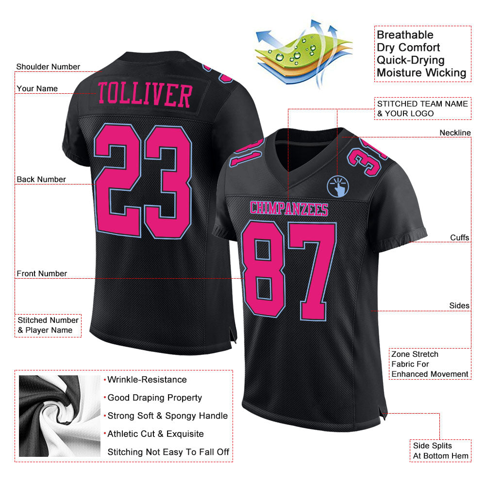 Custom Black Hot Pink-Light Blue Mesh Authentic Football Jersey