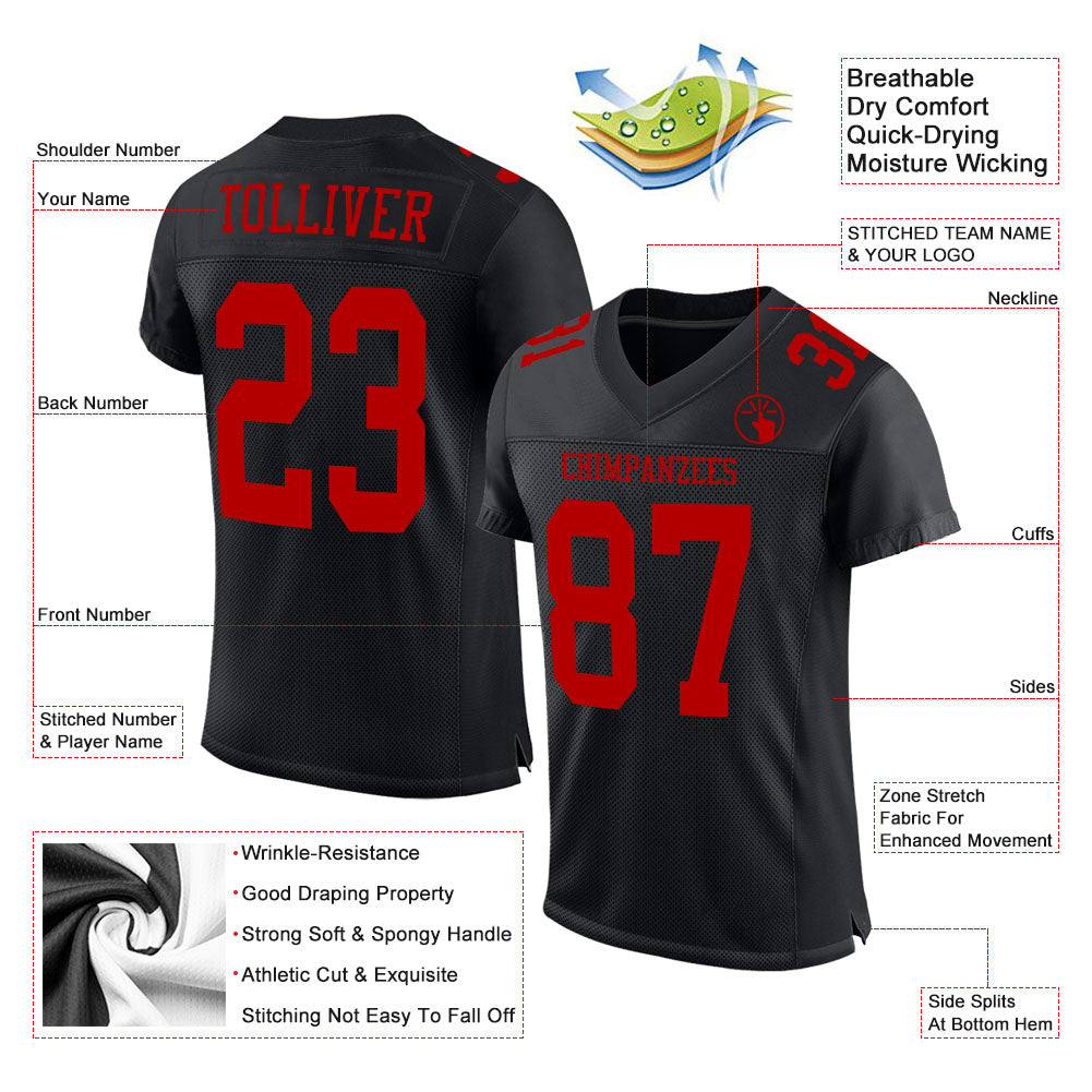 Custom Black Red Mesh Authentic Football Jersey