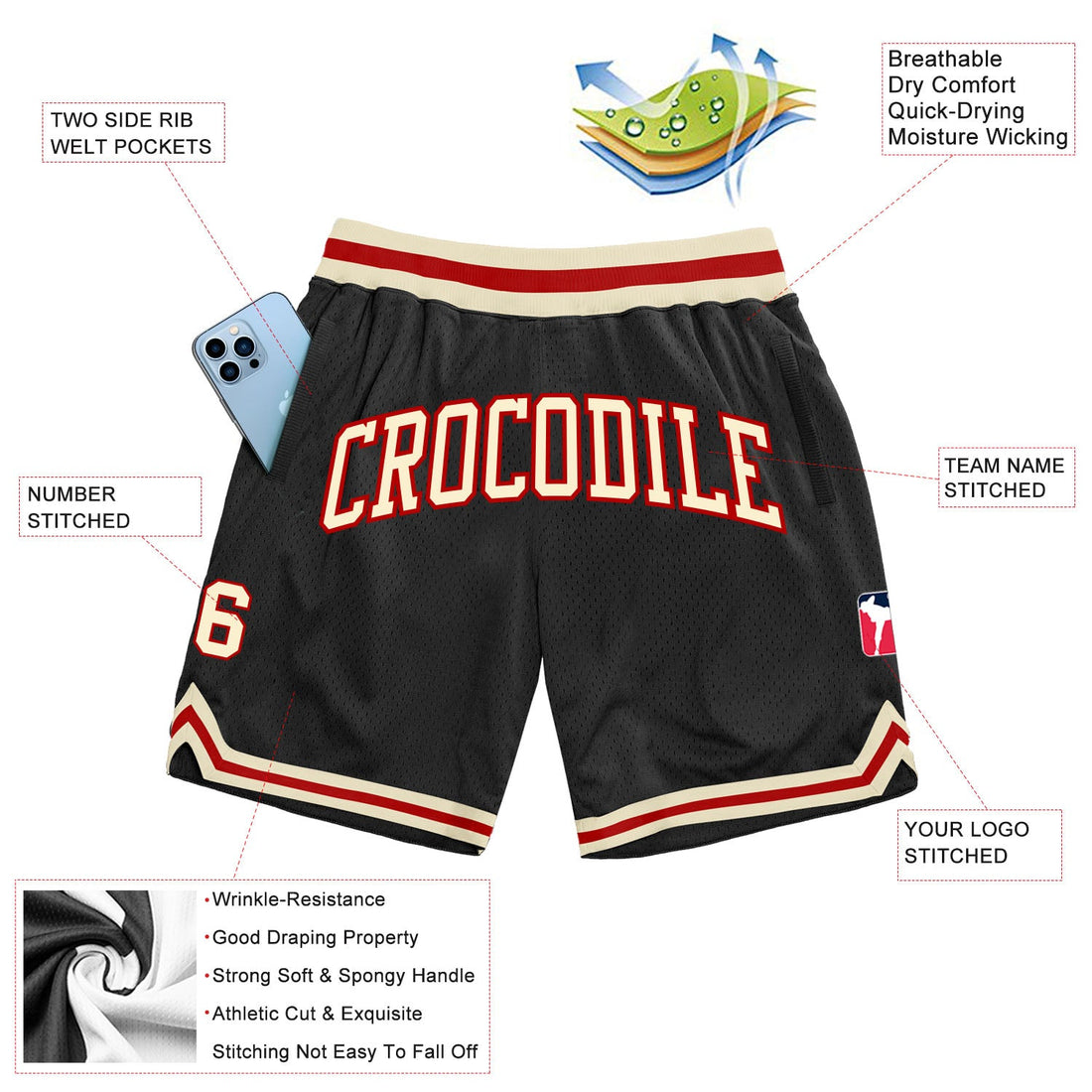 Custom Black Cream-Red Authentic Throwback Basketball Shorts