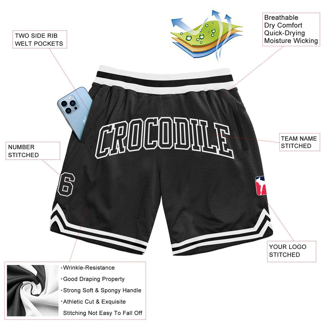 Custom Black Black-White Authentic Throwback Basketball Shorts