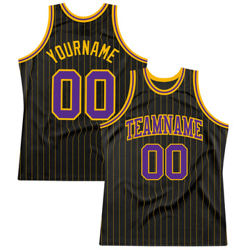 Custom Black Gold Pinstripe Purple-Gold Authentic Basketball Jersey