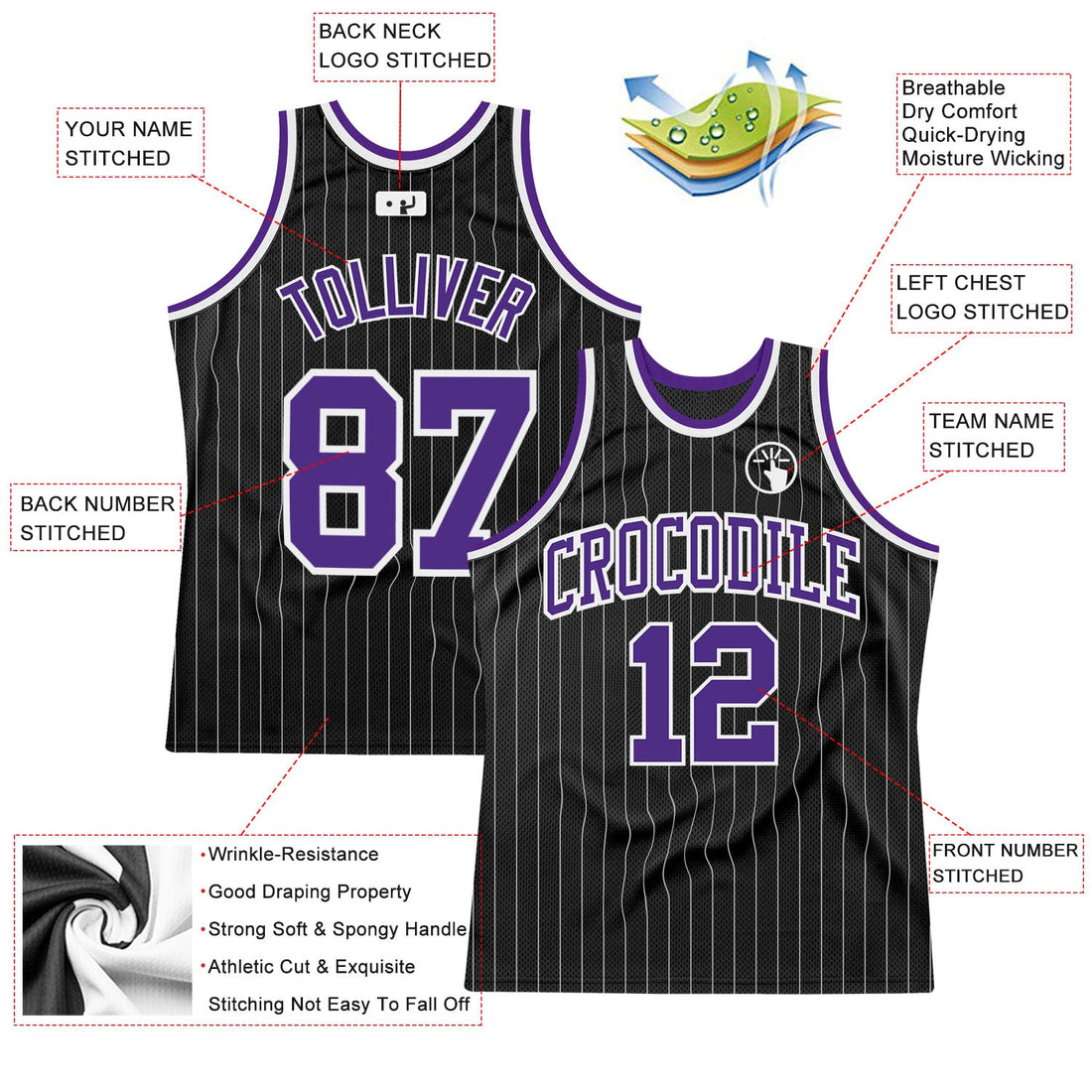 Custom Black White Pinstripe Purple-White Authentic Basketball Jersey