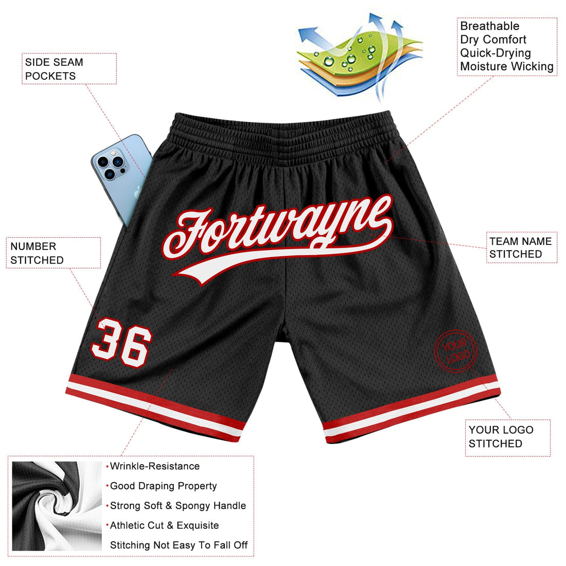 Custom Black White-Red Authentic Throwback Basketball Shorts