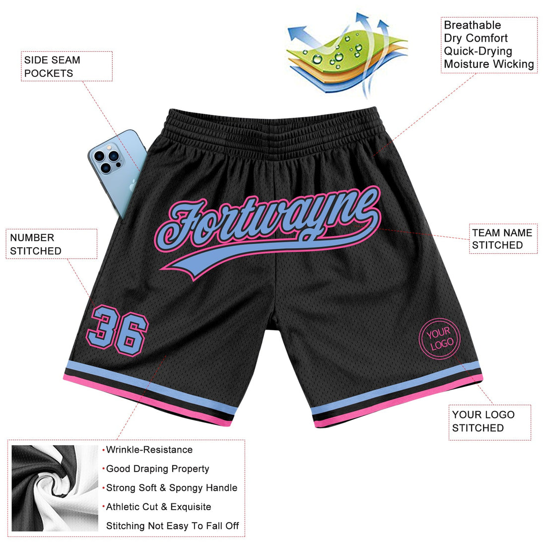 Custom Black Light Blue-Pink Authentic Throwback Basketball Shorts