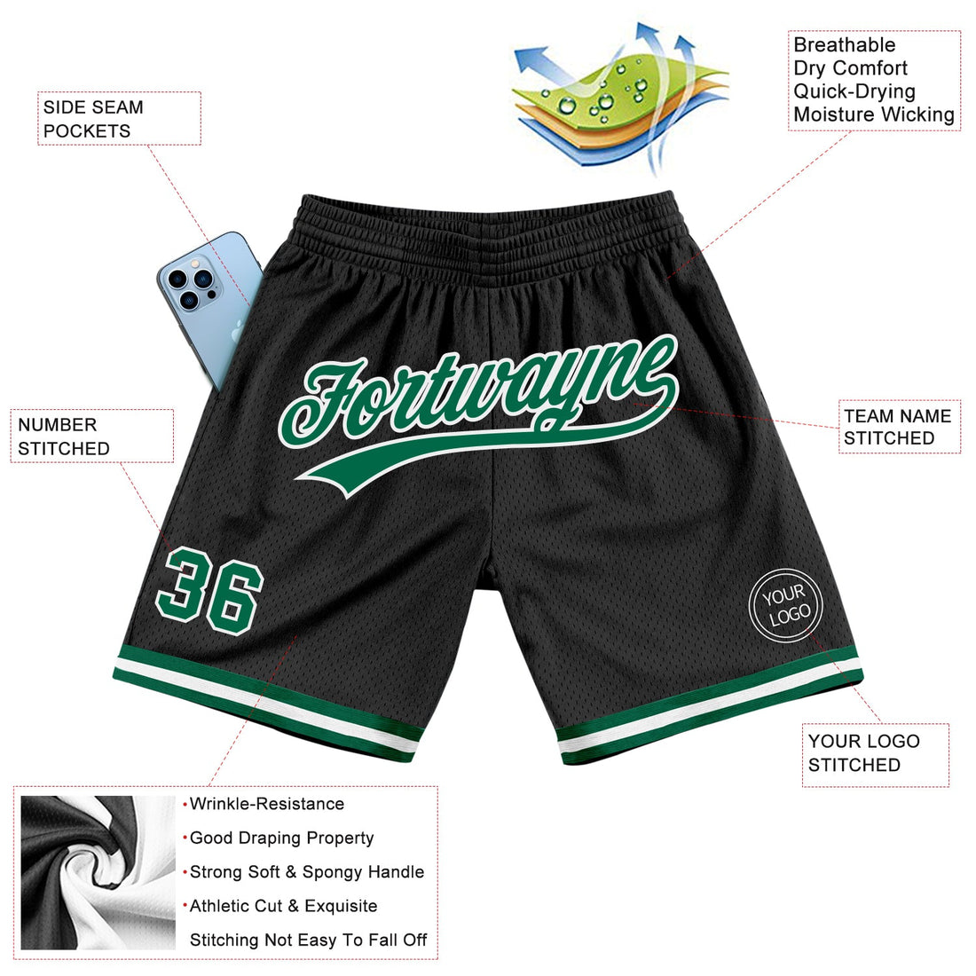 Custom Black Kelly Green-White Authentic Throwback Basketball Shorts