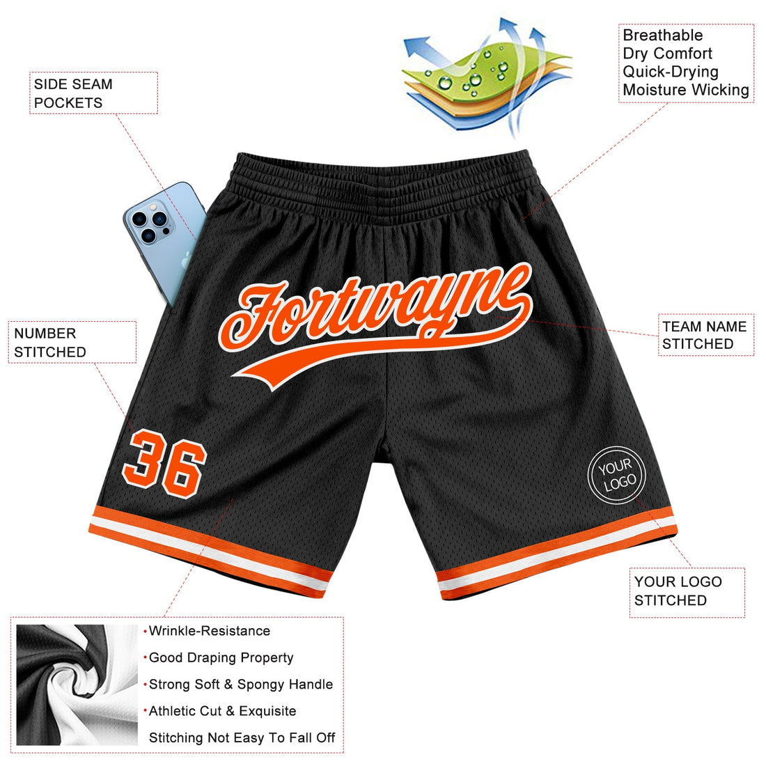 Custom Black Orange-White Authentic Throwback Basketball Shorts