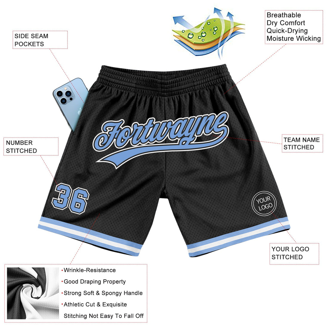 Custom Black Light Blue-White Authentic Throwback Basketball Shorts