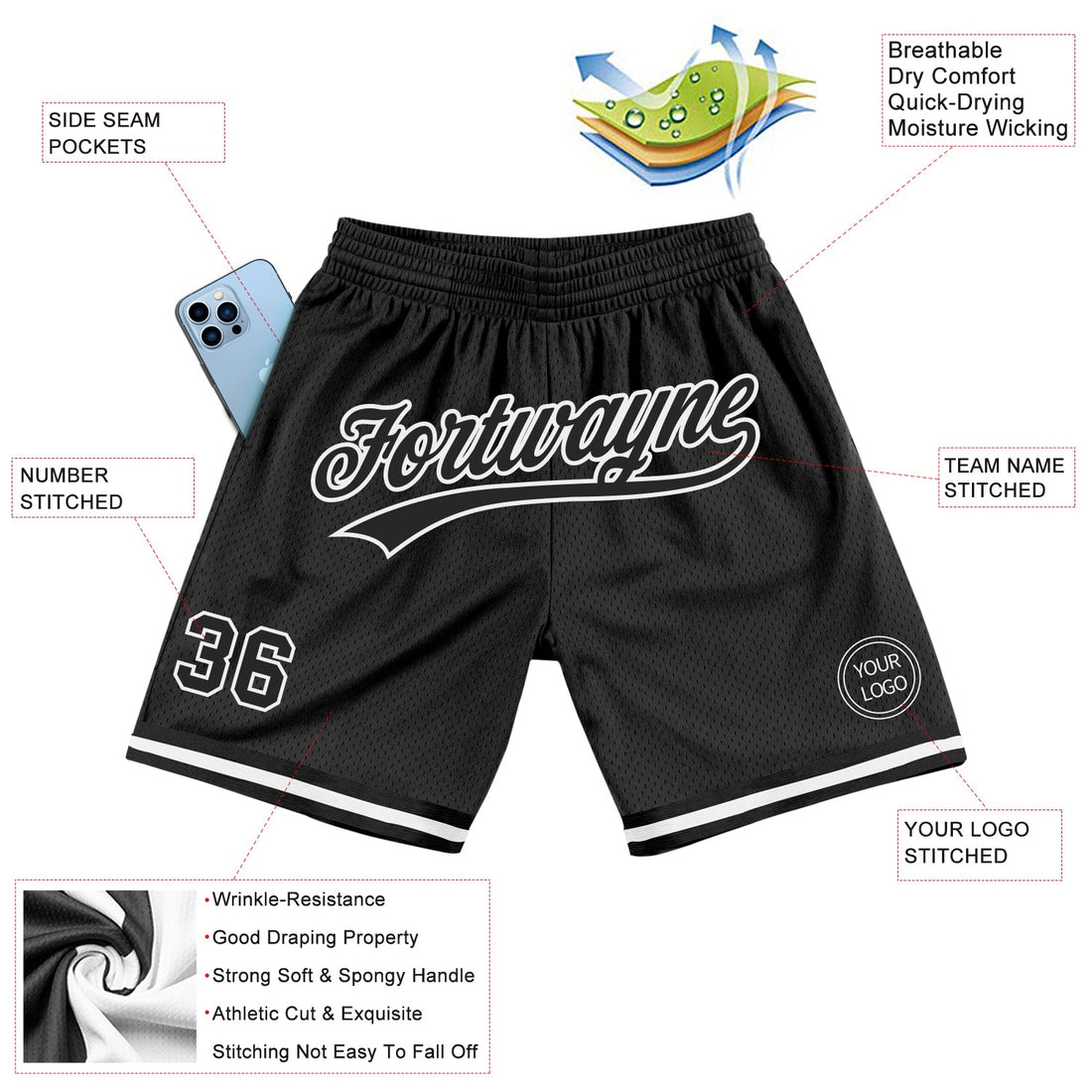 Custom Black White Authentic Throwback Basketball Shorts