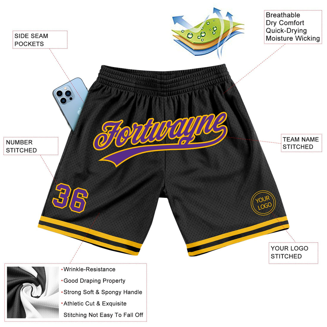 Custom Black Purple-Gold Authentic Throwback Basketball Shorts