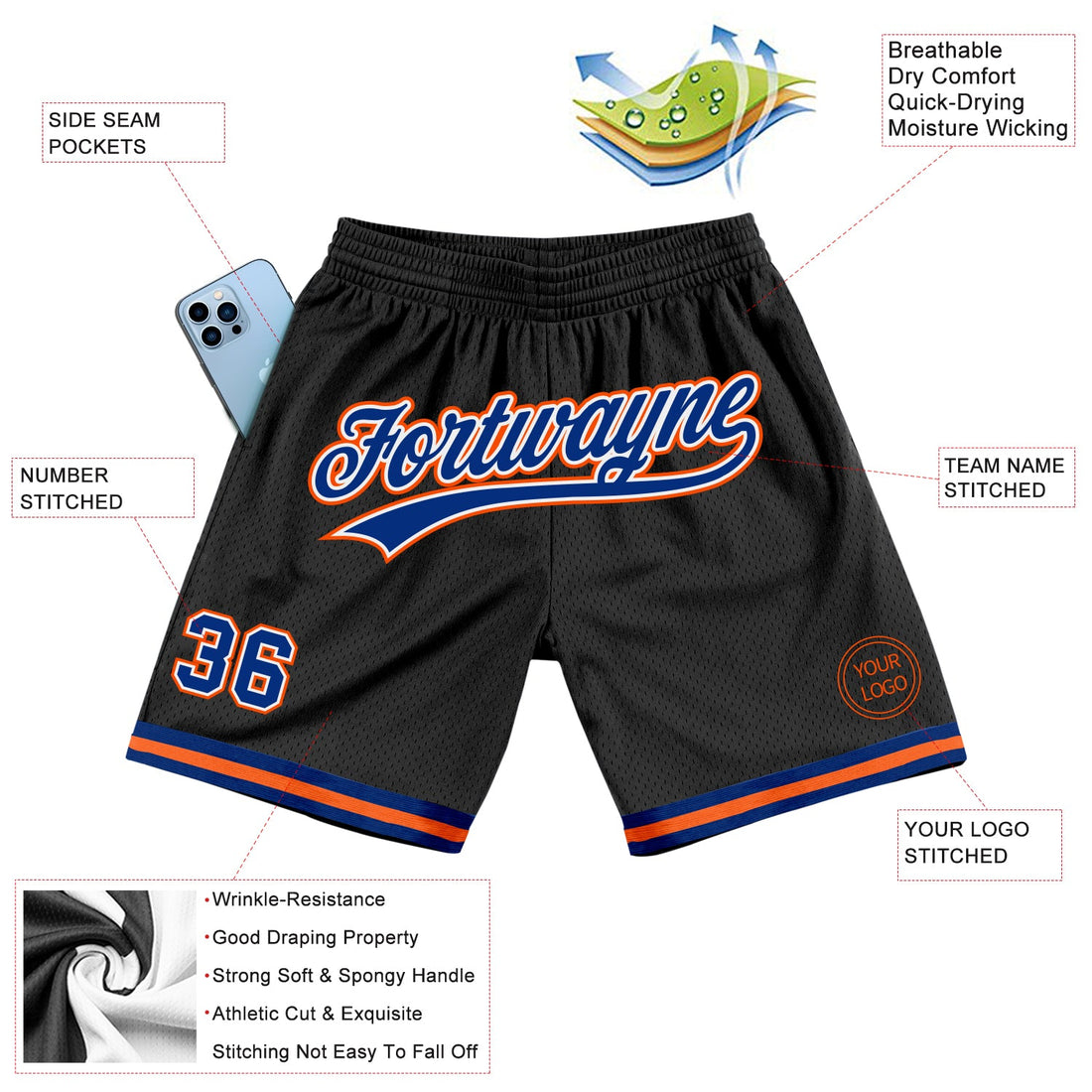 Custom Black Royal-Orange Authentic Throwback Basketball Shorts