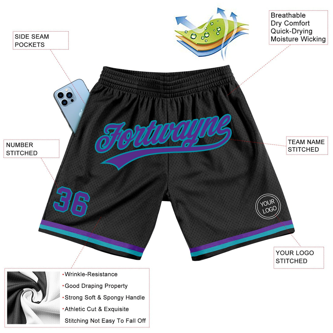 Custom Black Purple-Teal Authentic Throwback Basketball Shorts