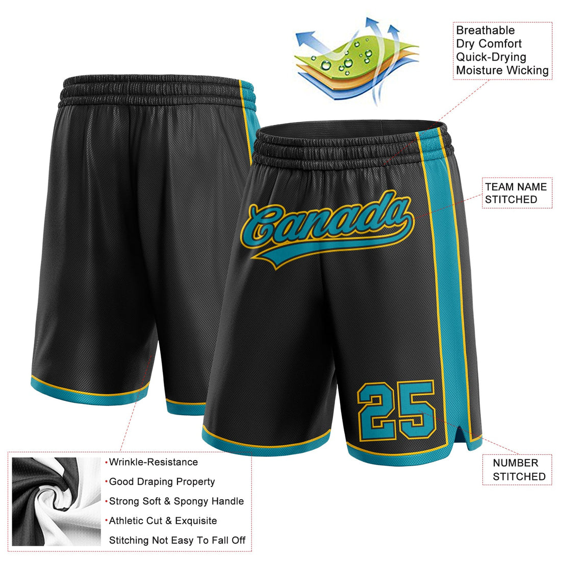 Custom Black Teal-Yellow Authentic Basketball Shorts