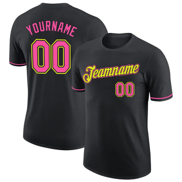 Custom Black Pink-Neon Yellow Performance T-Shirt