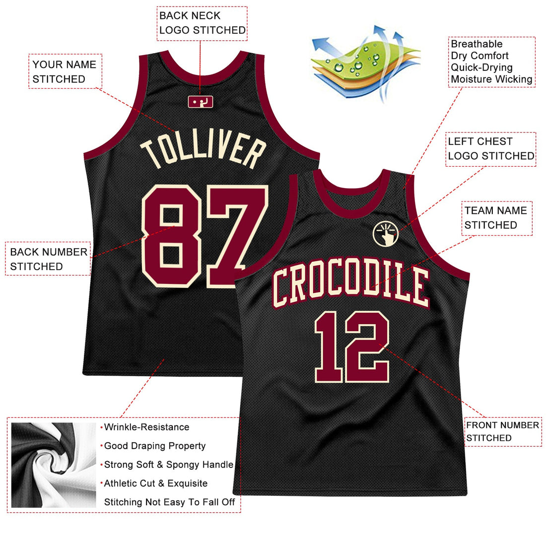 Custom Black Maroon-Cream Authentic Throwback Basketball Jersey