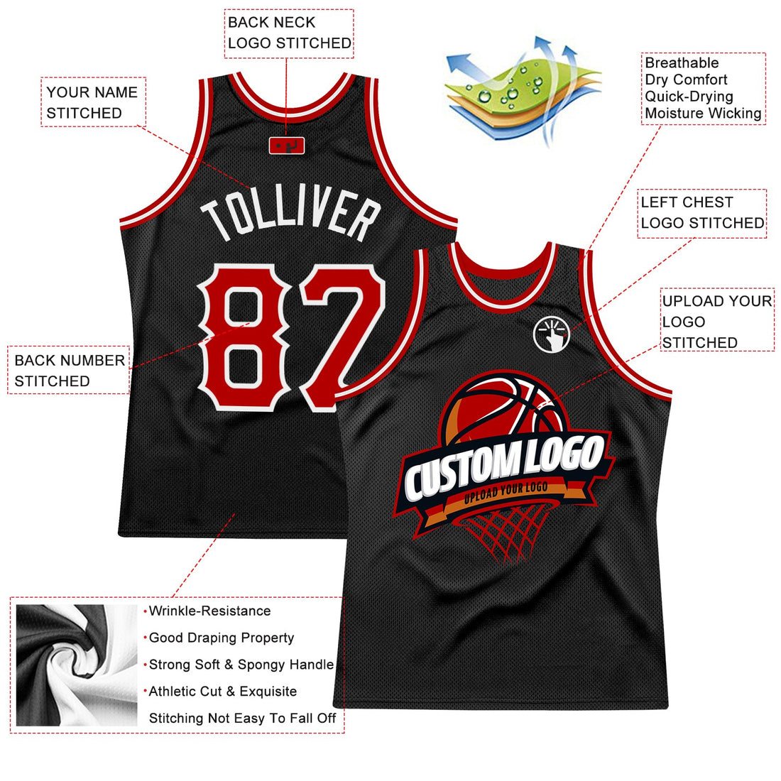 Custom Black Red-White Authentic Throwback Basketball Jersey