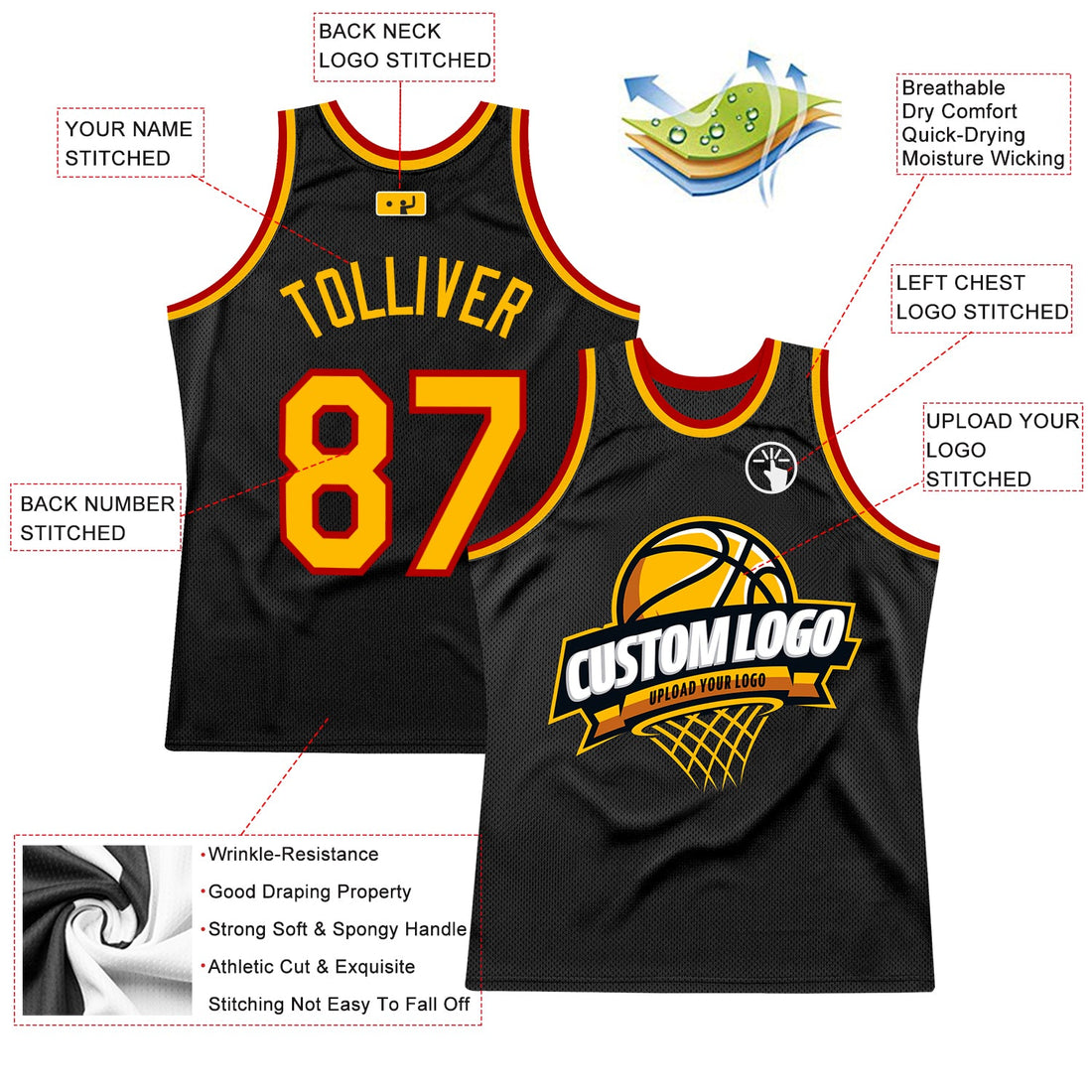 Custom Black Gold-Red Authentic Throwback Basketball Jersey