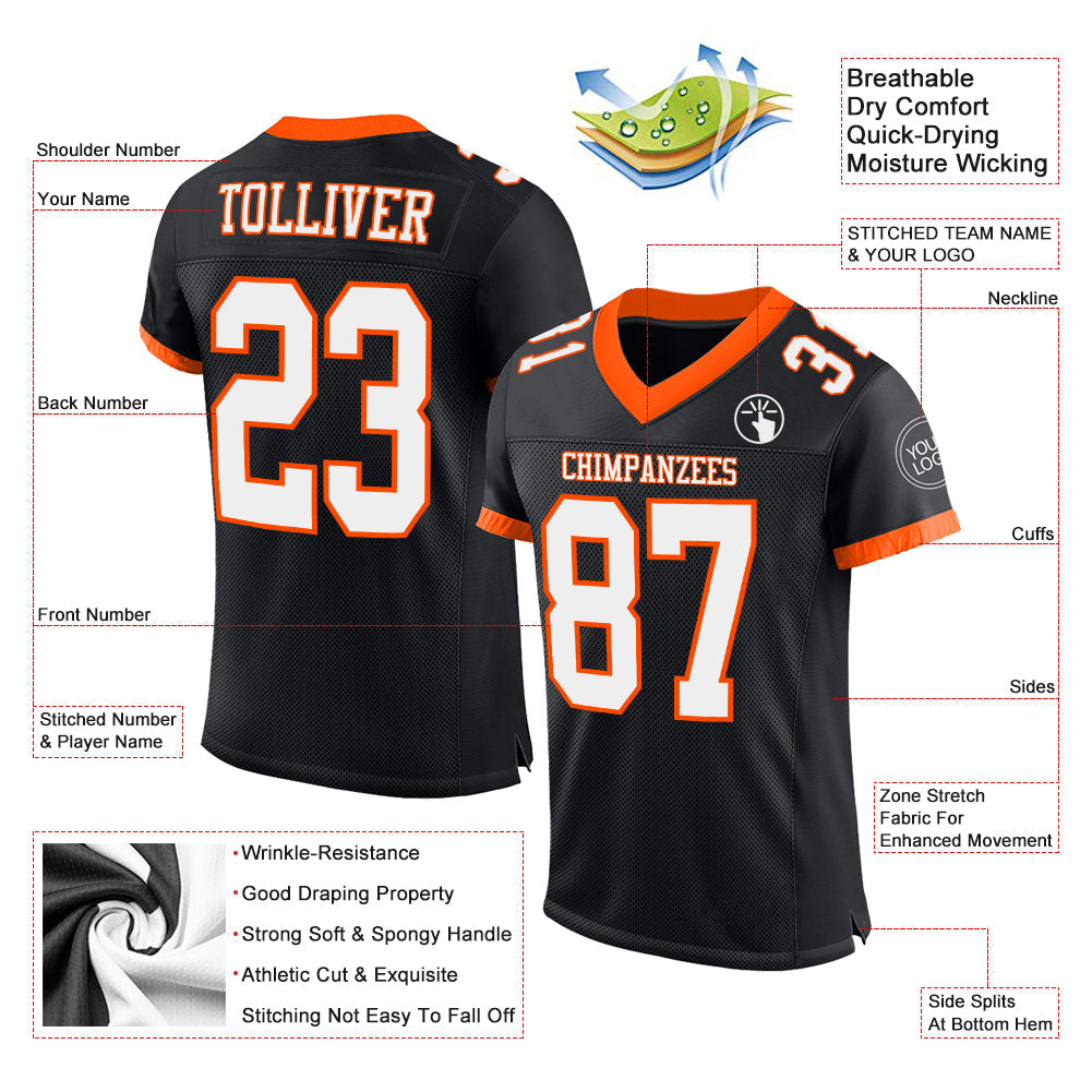 Custom Black White-Orange Mesh Authentic Football Jersey