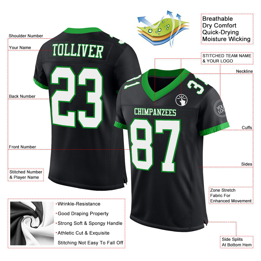 Custom Black White-Grass Green Mesh Authentic Football Jersey