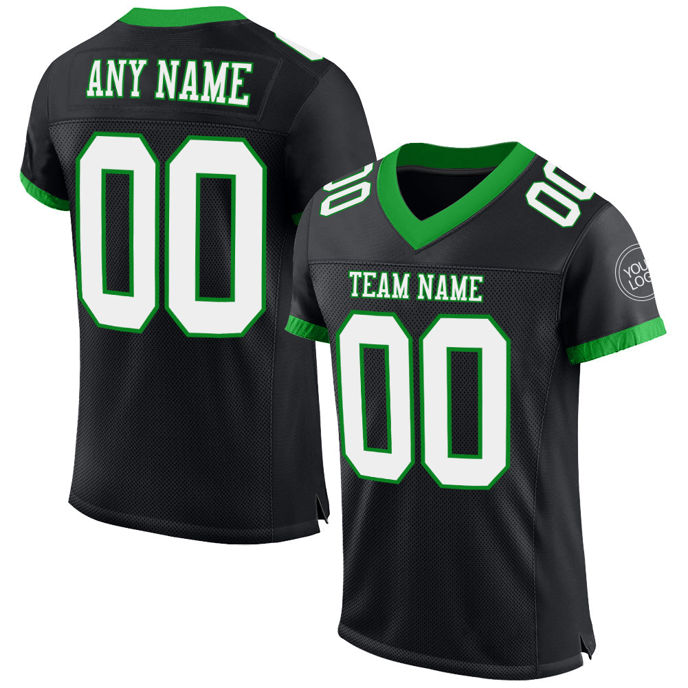 Custom Black White-Grass Green Mesh Authentic Football Jersey