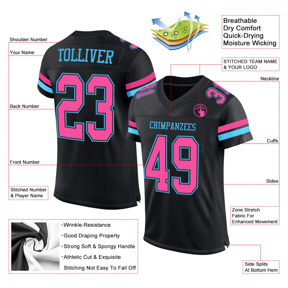 Custom Black Pink-Sky Blue Mesh Authentic Football Jersey