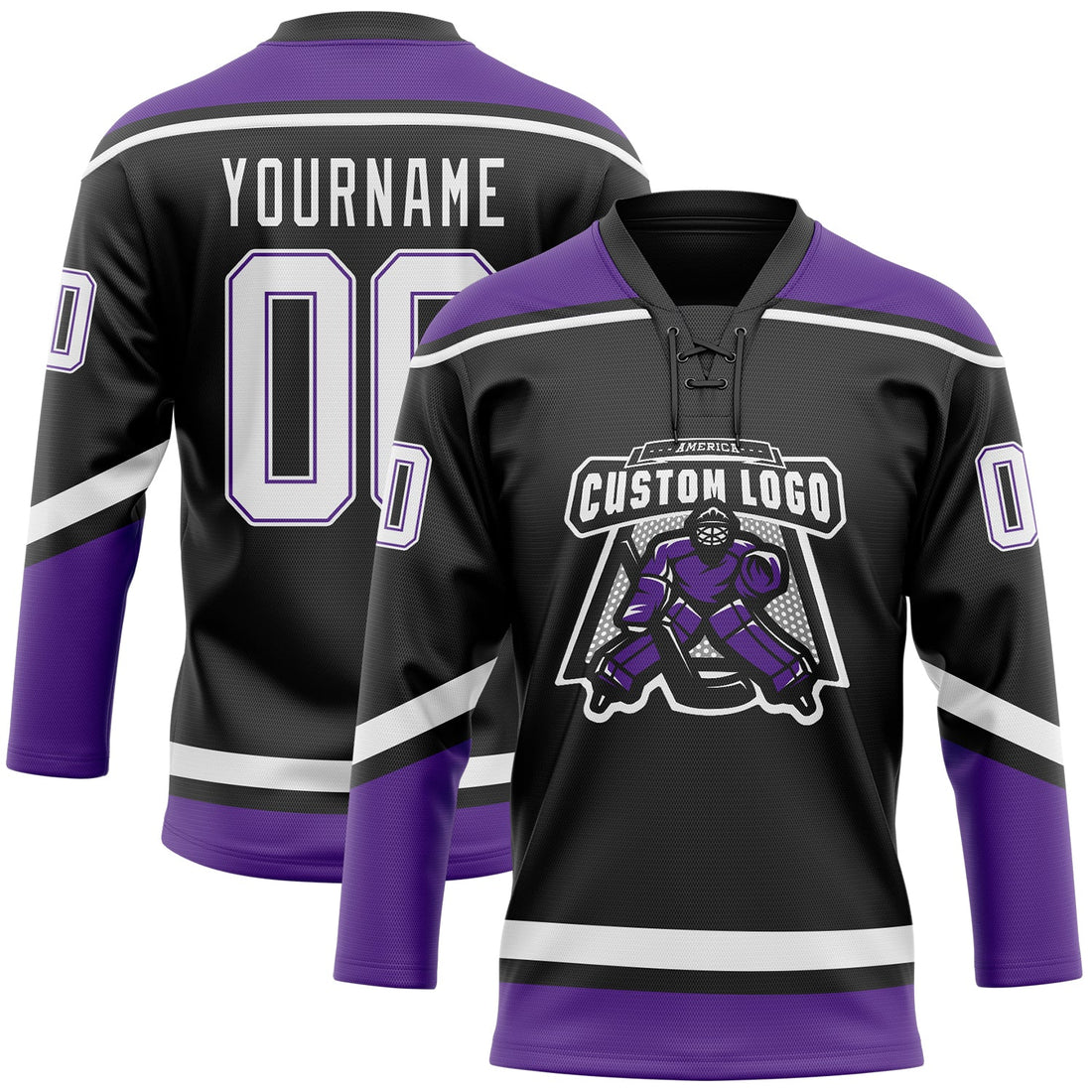 Custom Black White-Purple Hockey Lace Neck Jersey