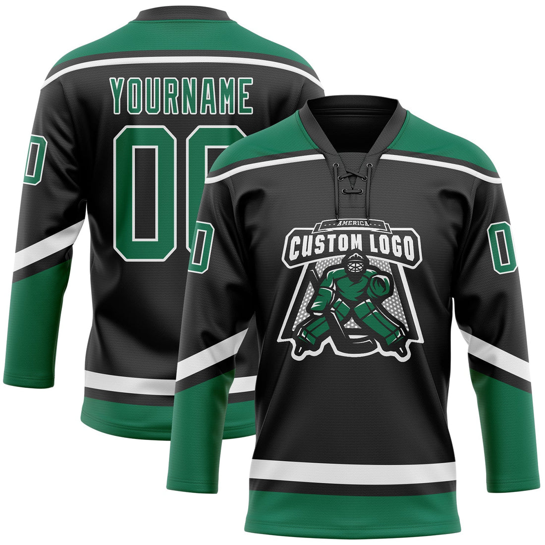 Custom Black White-Kelly Green Hockey Lace Neck Jersey