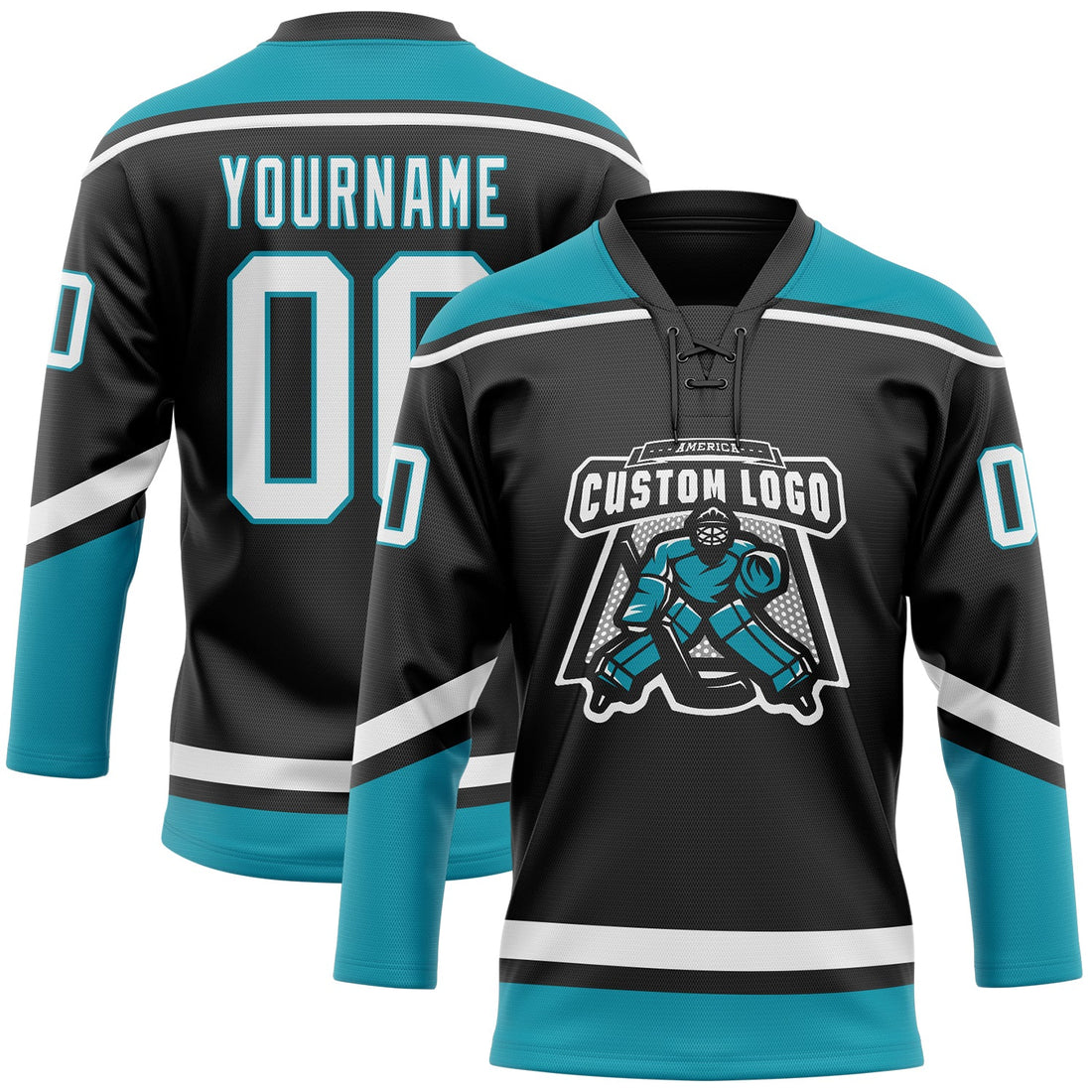 Custom Black White-Teal Hockey Lace Neck Jersey