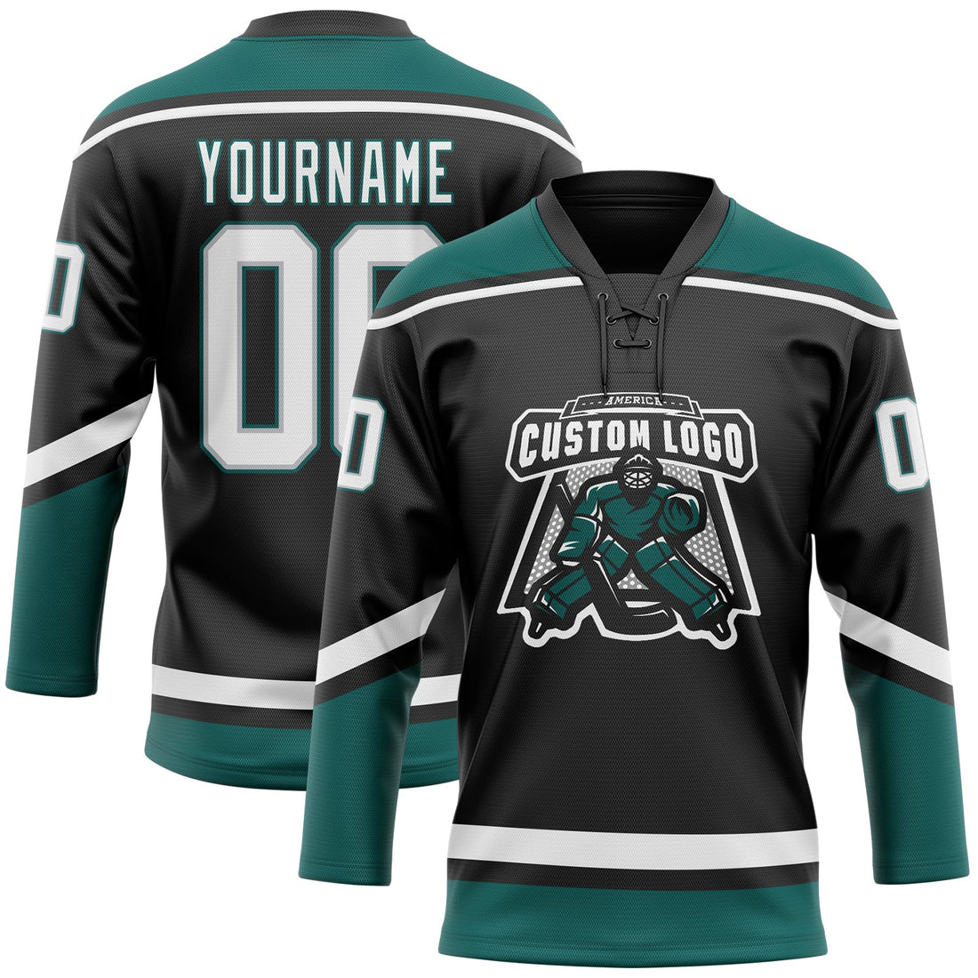 Custom Black White Gray-Midnight Green Hockey Lace Neck Jersey