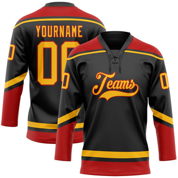 Custom Black Gold-Red Hockey Lace Neck Jersey