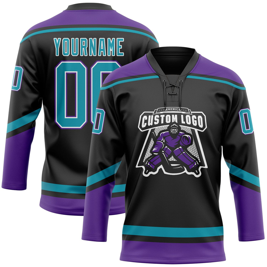 Custom Black Teal-White Hockey Lace Neck Jersey