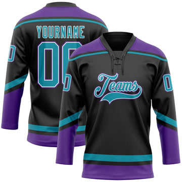 Custom Black Teal-White Hockey Lace Neck Jersey