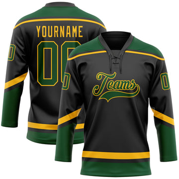 Custom Black Green-Gold Hockey Lace Neck Jersey