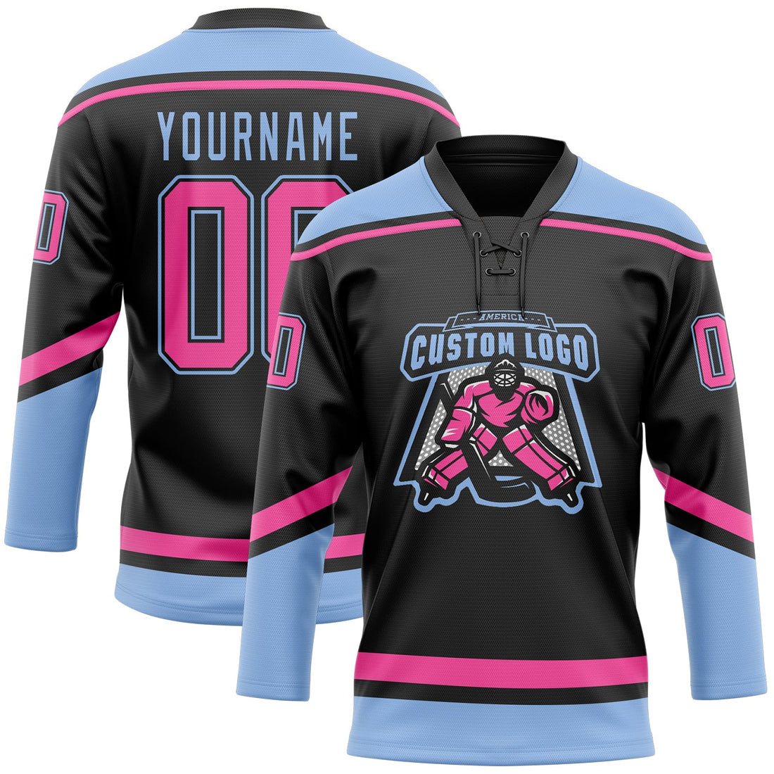 Custom Black Pink-Light Blue Hockey Lace Neck Jersey