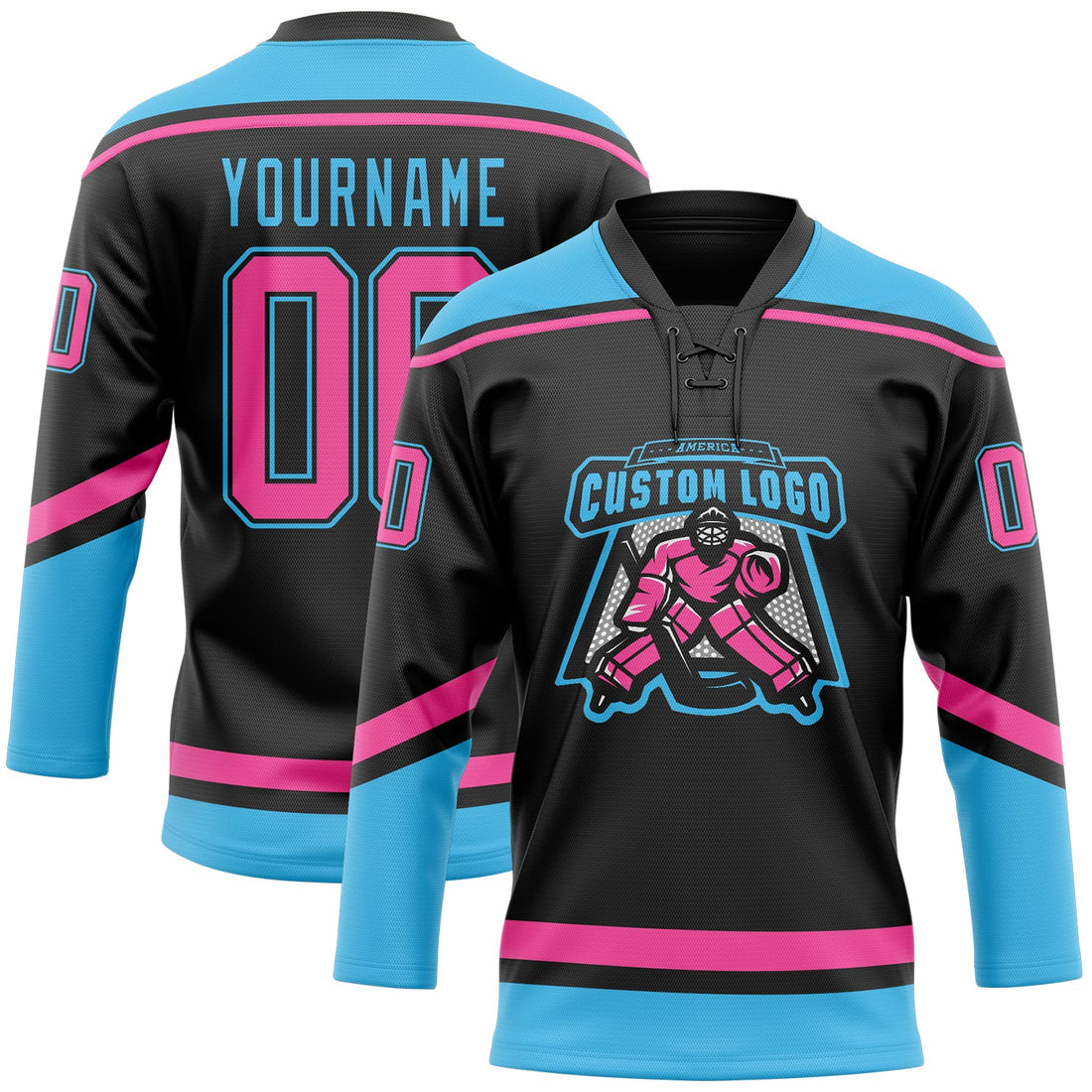 Custom Black Pink-Sky Blue Hockey Lace Neck Jersey