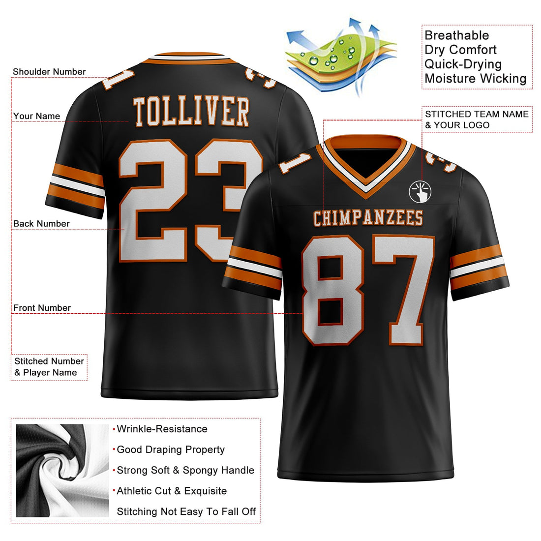 Custom Black White-Texas Orange Mesh Authentic Football Jersey