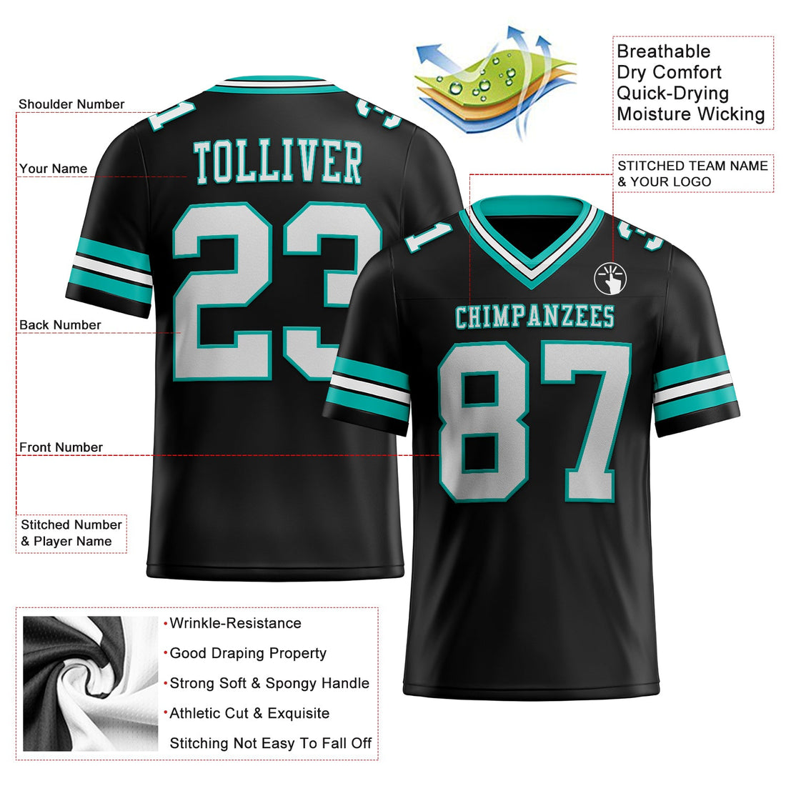 Custom Black White-Aqua Mesh Authentic Football Jersey