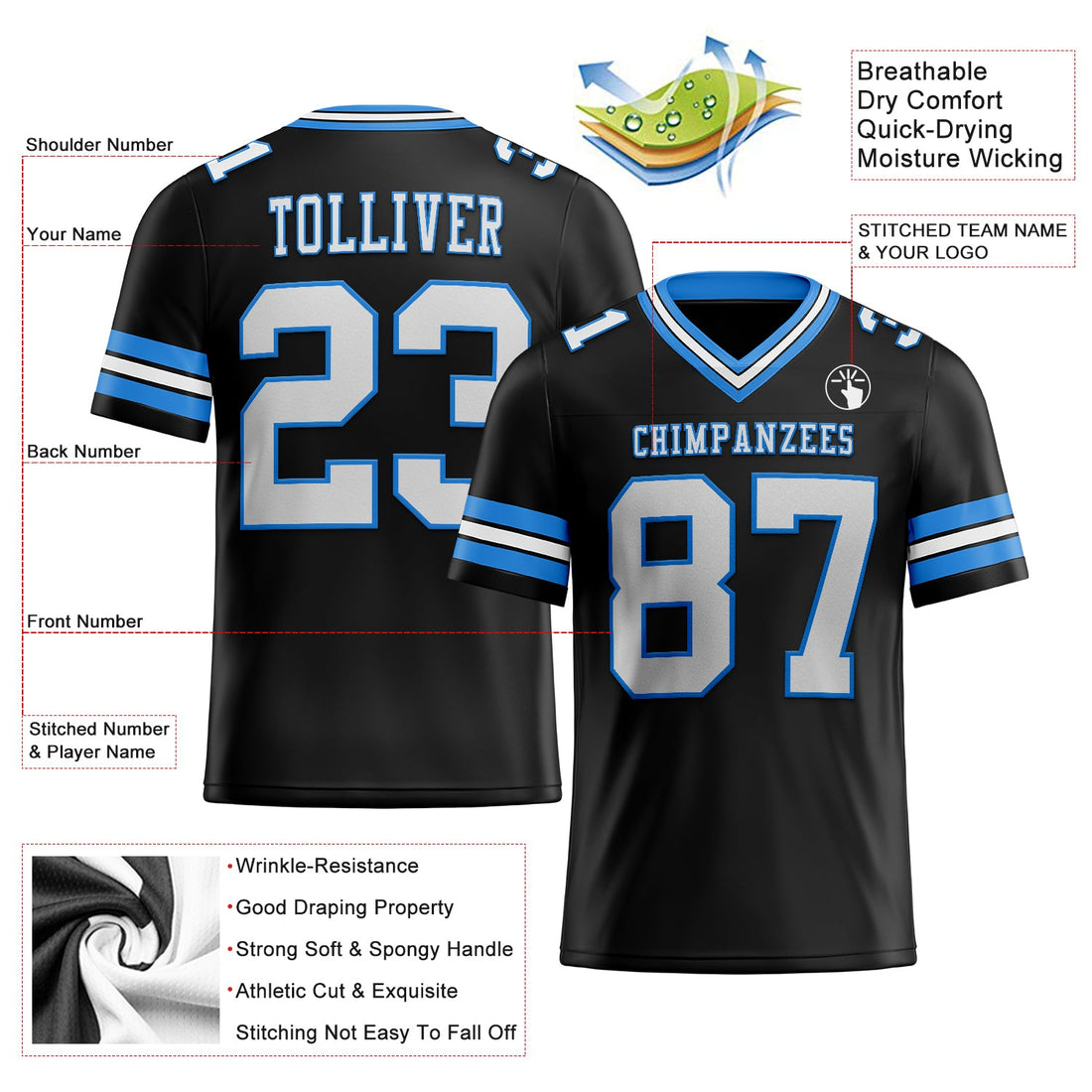 Custom Black White-Electric Blue Mesh Authentic Football Jersey