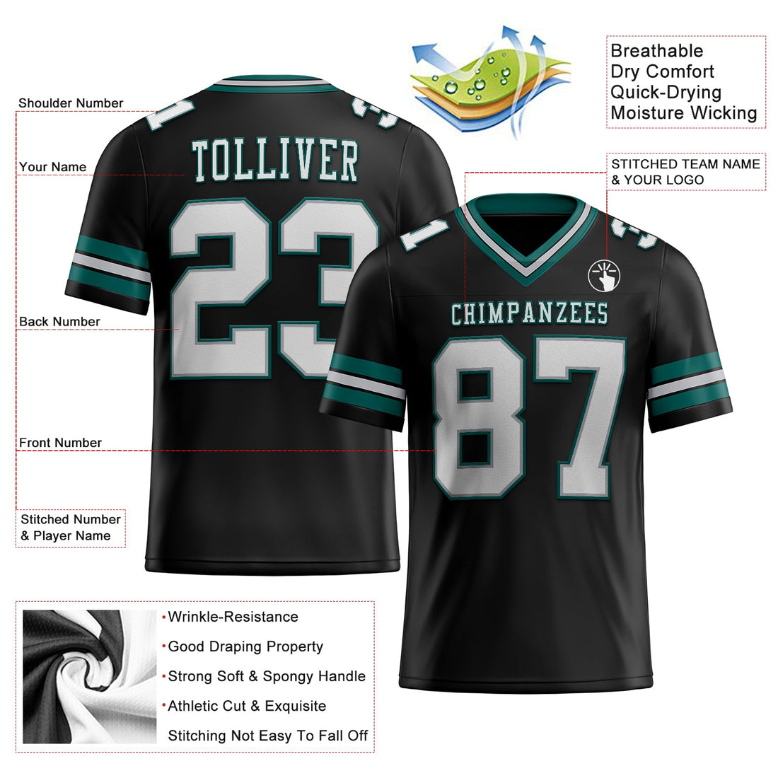 Custom Black White Gray-Midnight Green Mesh Authentic Football Jersey