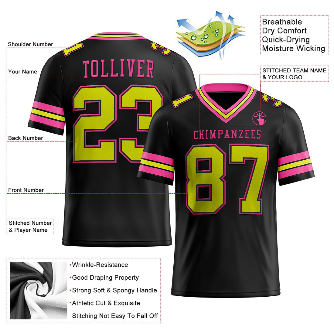 Custom Black Neon Yellow-Pink Mesh Authentic Football Jersey