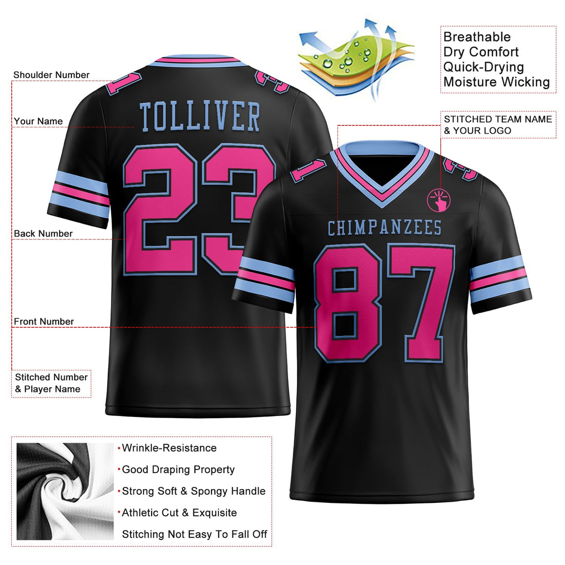 Custom Black Pink-Light Blue Mesh Authentic Football Jersey