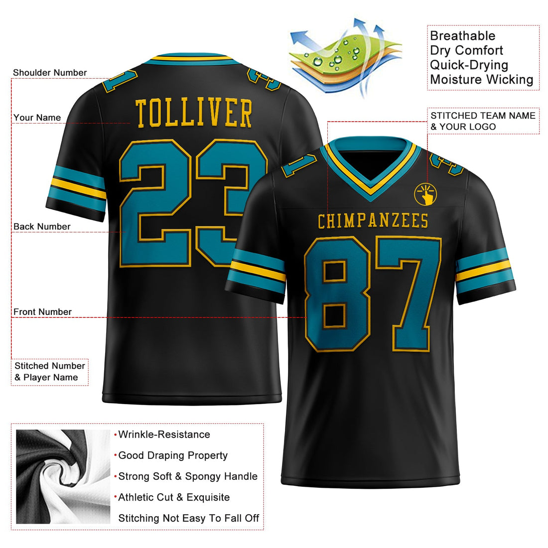 Custom Black Teal-Yellow Mesh Authentic Football Jersey