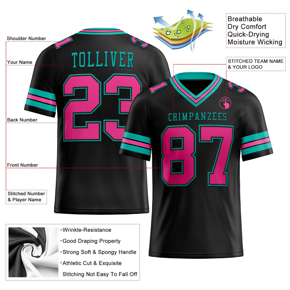 Custom Black Pink-Aqua Mesh Authentic Football Jersey