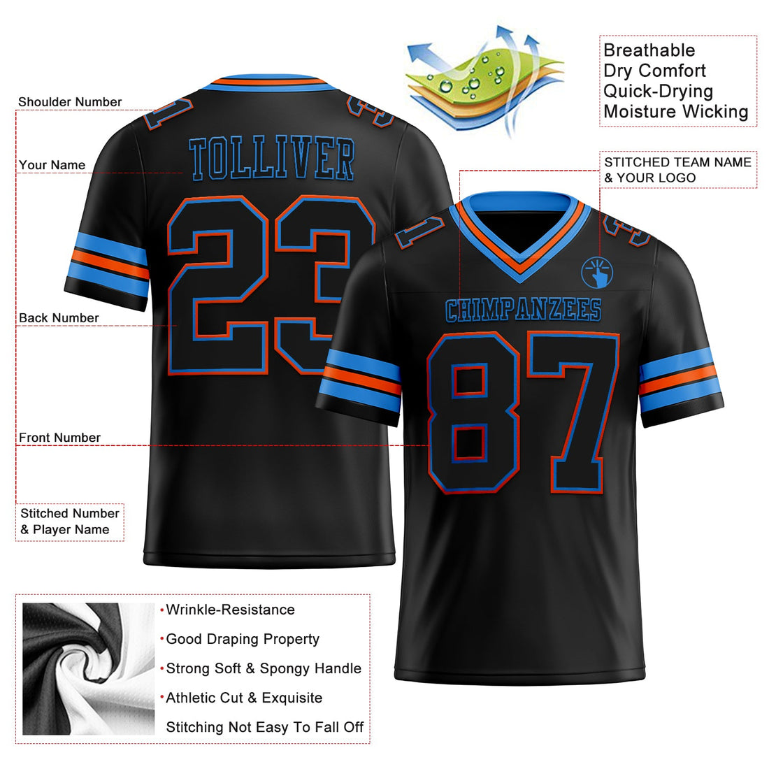 Custom Black Electric Blue-Orange Mesh Authentic Football Jersey