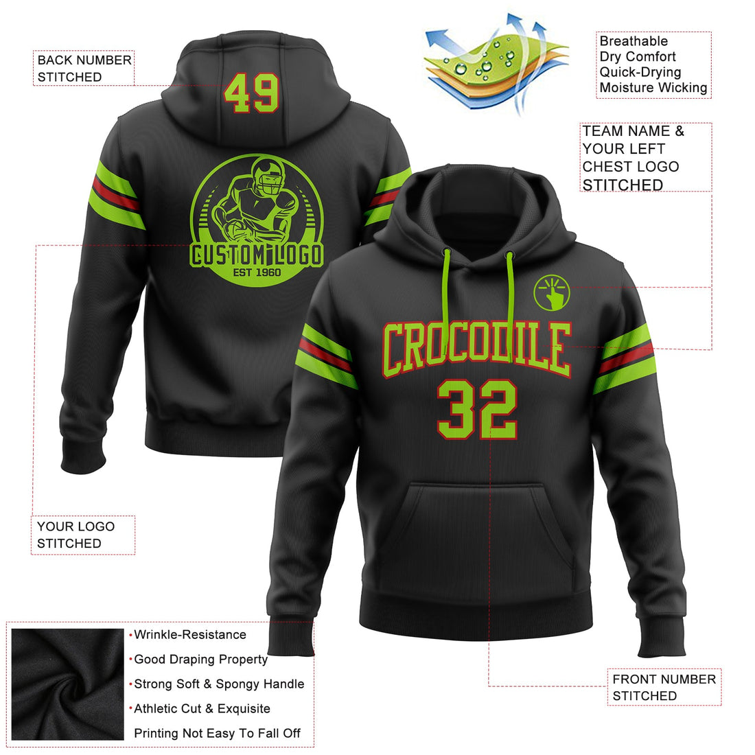 Custom Stitched Black Neon Green-Red Football Pullover Sweatshirt Hoodie