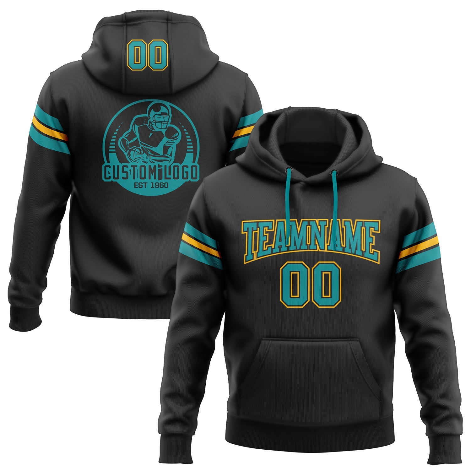 Custom Stitched Black Teal-Gold Football Pullover Sweatshirt Hoodie