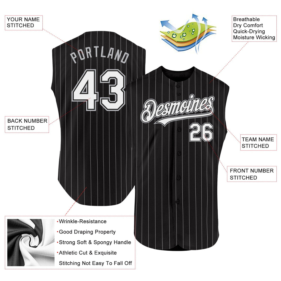 Custom Black White Pinstripe Light Blue Authentic Sleeveless Baseball Jersey